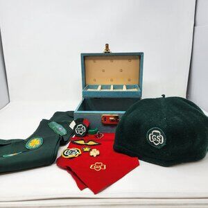 Vintage Girl Scouts Lot - Jewelry Box Sash Wool Beret Hat Handkerchief Patches